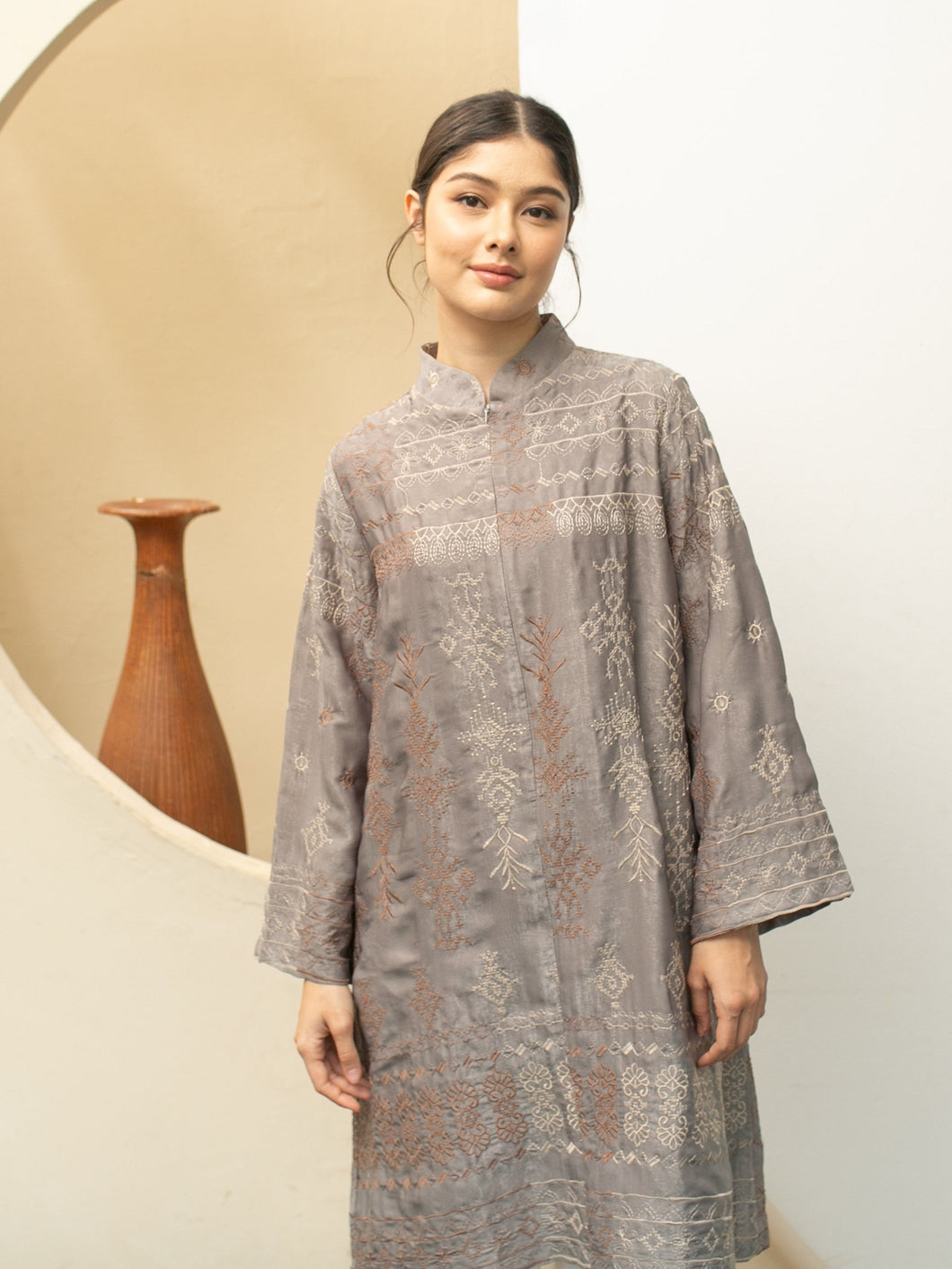 Aziz Tunic Ethnic Dress - Stone Grey