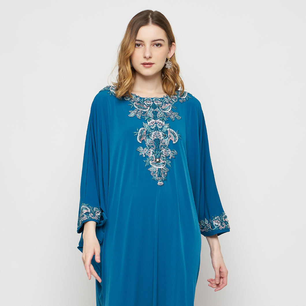 Lindy Dress - Batwing Long Dress Embellished Neckline - Turquoise
